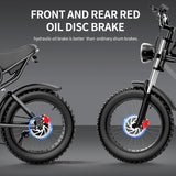 This image features the Ridstar Q20 Electric Bike by Evolvate Pro, a high-performance 2000W E-Bike equipped with front and rear red oil disc brakes, set against a gray background. The text emphasizes that its hydraulic oil brakes outperform ordinary drum brakes, highlighting the bike's cutting-edge design and advanced braking system.