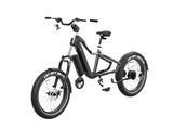 The Evolvate Pro 26" Step Over Electric Mountain Bike - Black is shown, equipped with thick tires, a step-through frame, and a BAFANG rear hub motor. It features a padded seat, front suspension fork, disc brakes, and an integrated swappable battery design mounted on the down tube. The bike also includes fenders and a handlebar-mounted display.