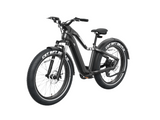The Evolvate Pro 26" Step Over Electric Mountain Bike - Black is displayed against a white background, showcasing its robust frame, front suspension, disc brakes, and comfortable saddle. Outfitted with a BAFANG rear hub motor and a swappable battery design, this bike is ready for any adventure. Its prominent CST BFT 20 x 4.0 tires highlight their size and brand.