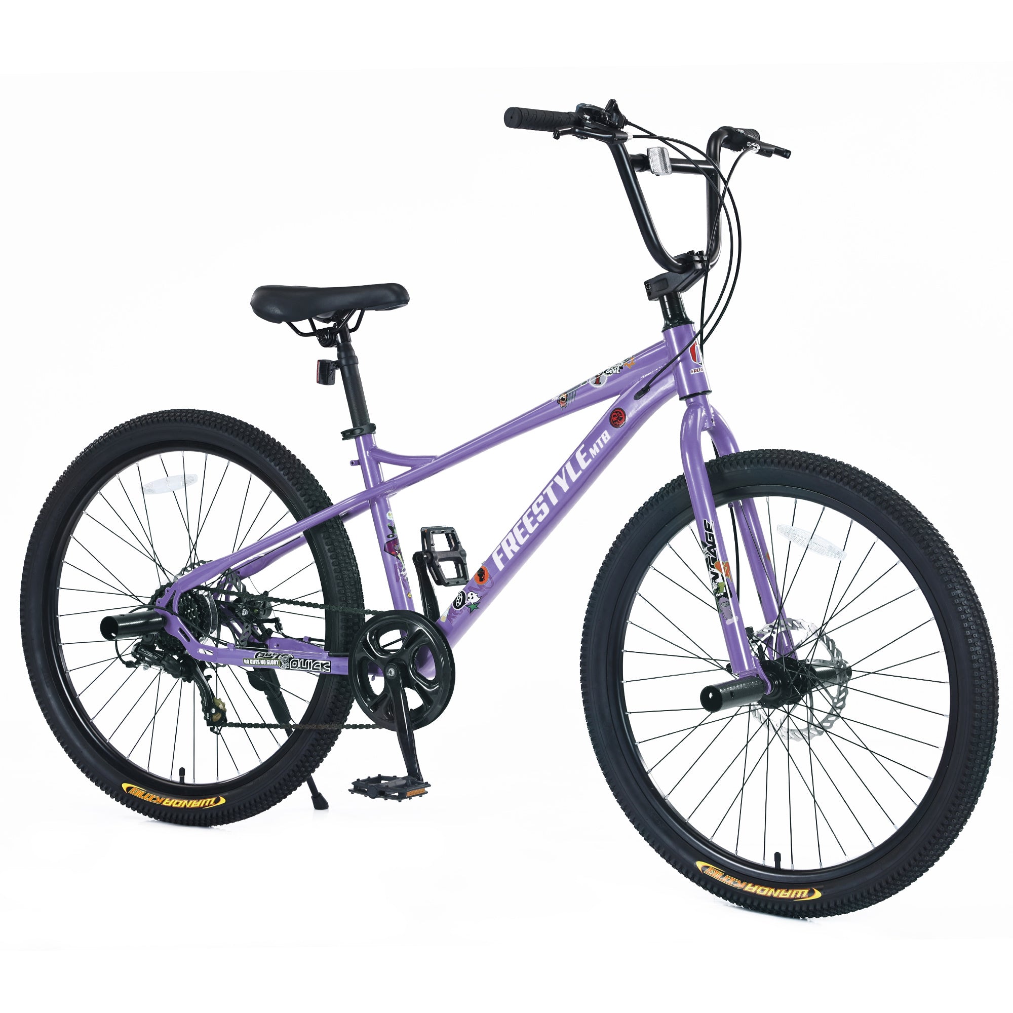 A purple Evolvate Pro Freestyle Kids Bike - 26-Inch, featuring black handlebars, a black seat, black tires with yellow branding, and a kickstand. The bike has "Freestyle" written on the frame and is equipped with front and rear Double Disc Brakes for added safety. This Shimano 7-Speed bike is suitable for boys and girls aged 12+.