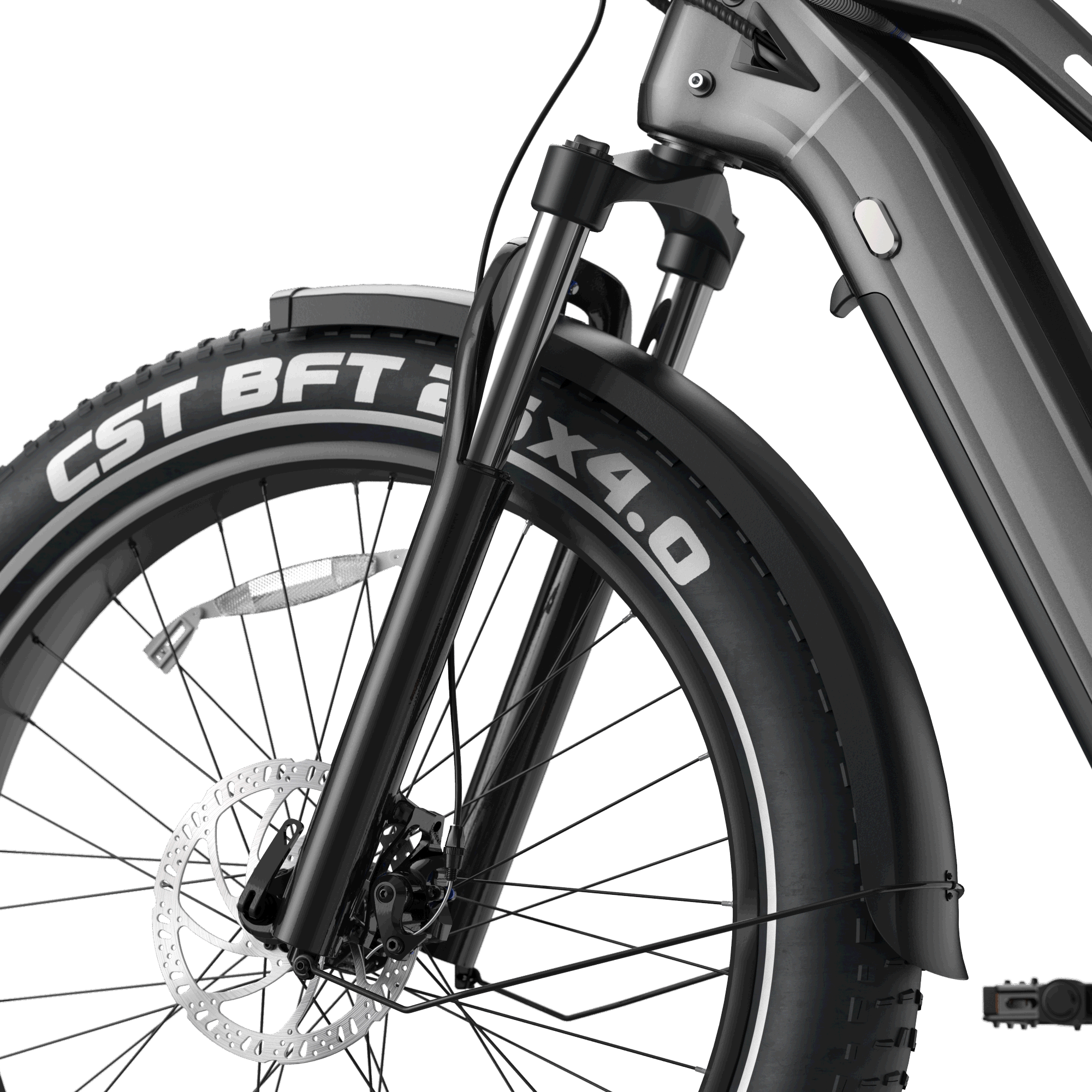 A close-up of the 26" Step Over Electric Mountain Bike - Black by Evolvate Pro, showcasing its BAFANG rear hub motor.