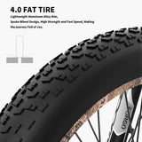 Close-up image of a thick, knobby bicycle tire with text above it reading "4.0 FAT TIRE." Below the text, a description reads: "Lightweight Aluminum Alloy Rim, Spoke Wheel Design, High Strength and Fast Speed," highlighting the Evolvate Pro AOSTIRMOTOR 26" 1500W E-Bike Fat Tire 48V 15AH Removable Lithium Battery for Adults S18-1500W as a powerful choice for an off-road e-bike adventure filled with joy.