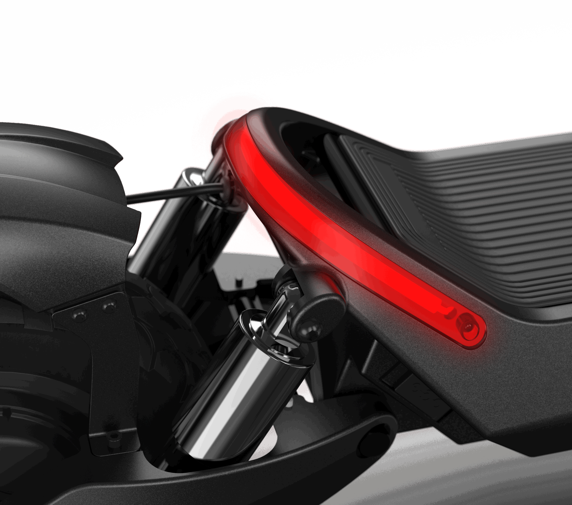 A close-up shot of the rear section of the Panther ES800 Super Electric Scooter by Evolvate Pro, showcasing the sleek black leather seat, silver shock absorber, and a bright red LED tail light strip curving around the back. The image highlights the modern and stylish design details, reminiscent of an electric scooter with off-road tires.