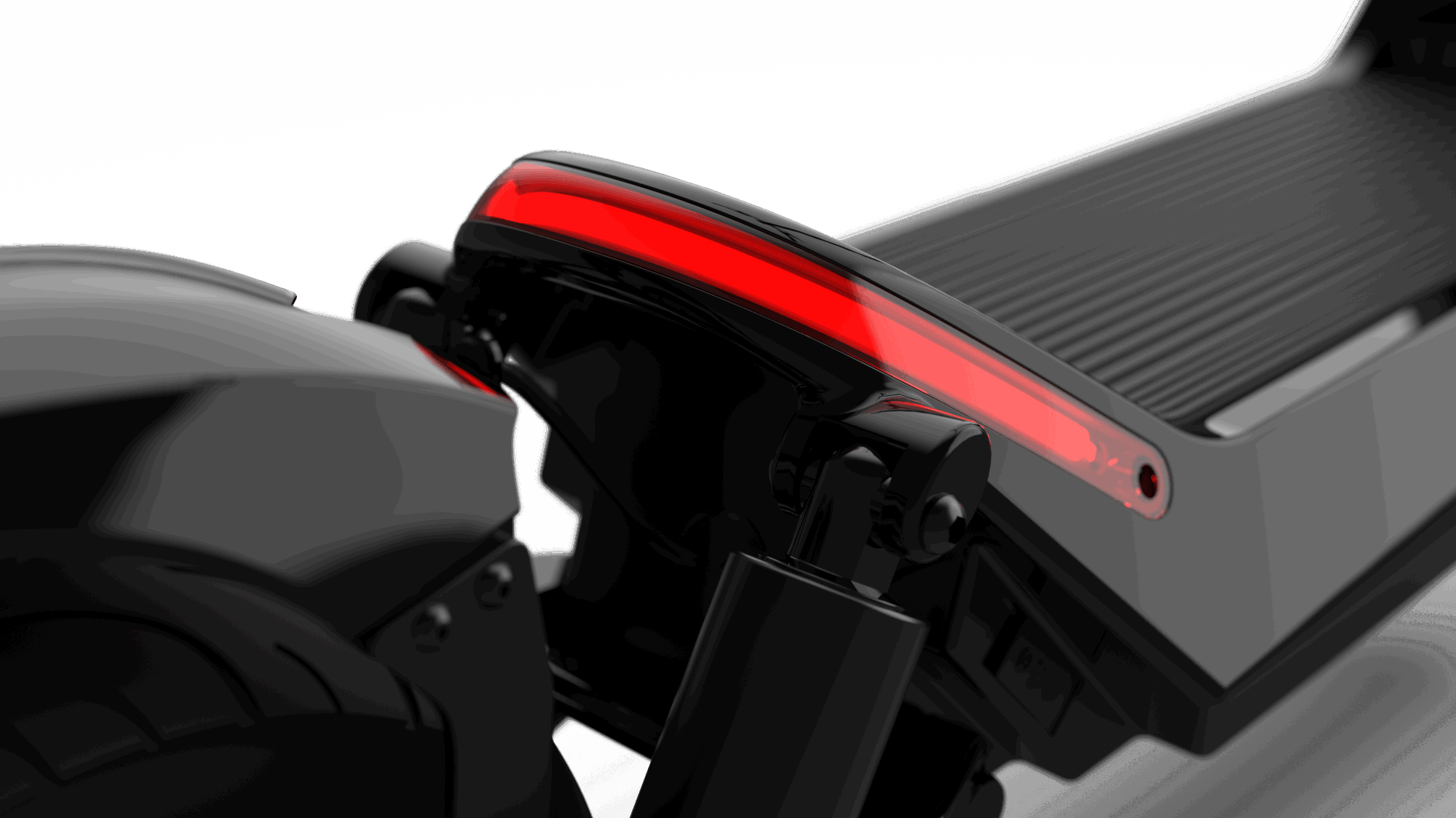 A close-up image of the Evolvate Pro Panther ES800 Super Electric Scooter's rear end, showcasing a sleek, black design with a prominent red LED strip light. The image highlights the scooter's modern and streamlined aesthetic, with detailed focus on the back wheel equipped with off-road tires and suspension.