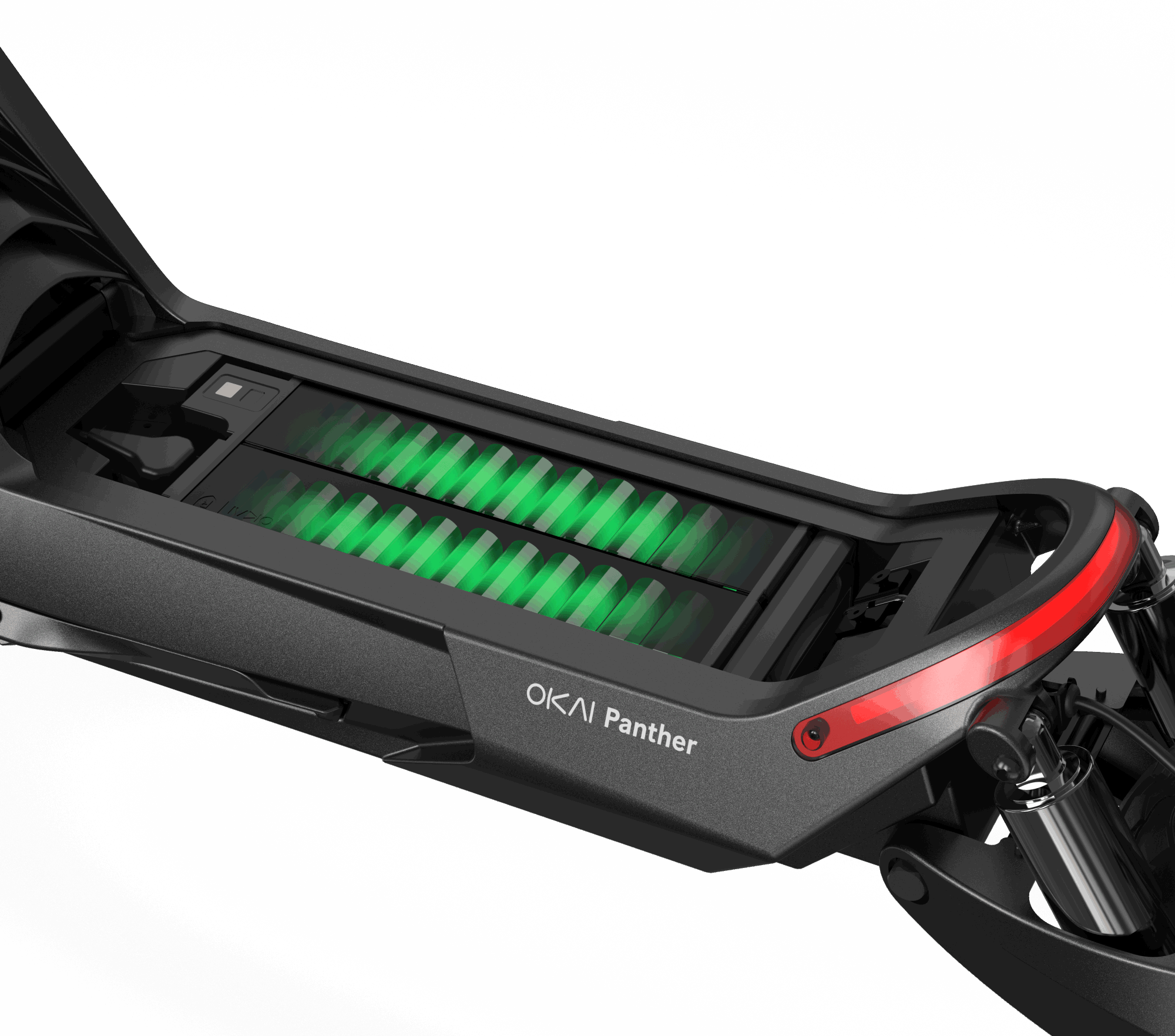 Close-up view of an Evolvate Pro Panther ES800 Super Electric Scooter's battery compartment, revealing a green glowing battery pack. The sleek black frame, accented with red at the rear, features dual motors for enhanced performance. Off-road tires complement the scooter's robust design. The battery compartment is open for visibility.