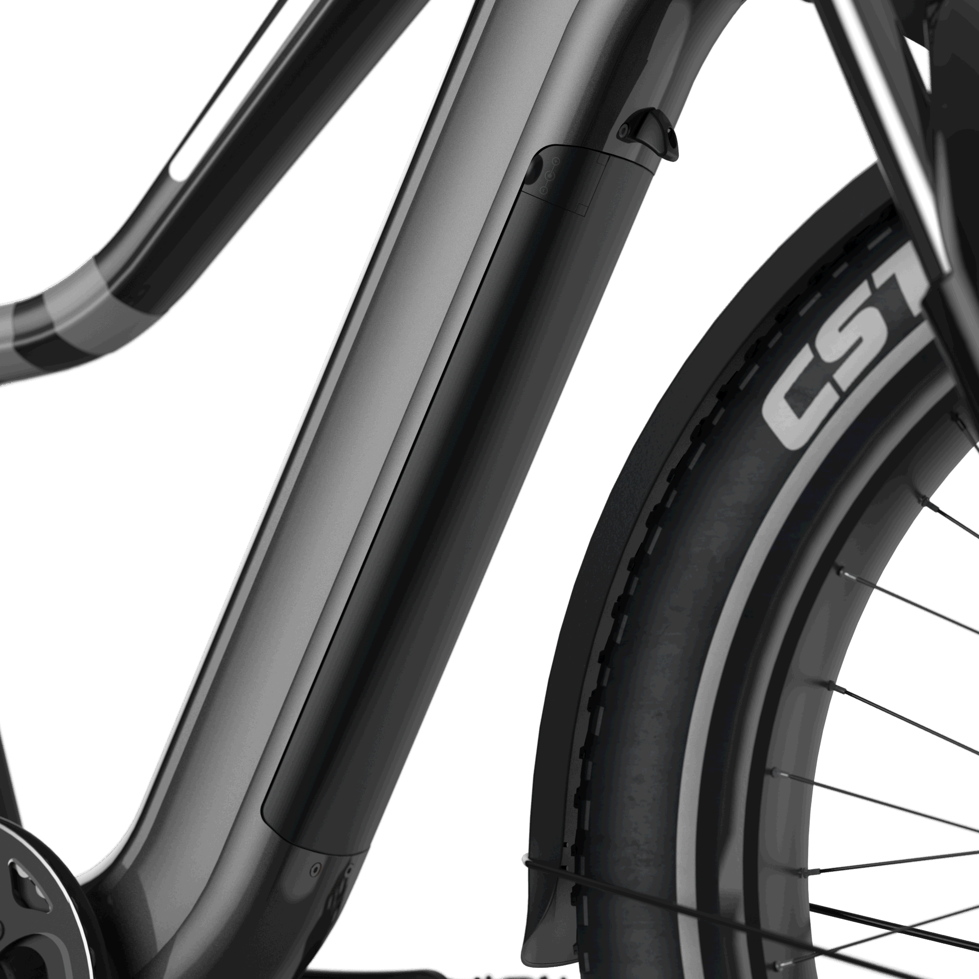 Close-up image of the 26" Step Over Electric Mountain Bike's battery pack, seamlessly integrated into the frame. The Evolvate Pro bike showcases a sleek, modern design with a black finish and customizable lighting bar. The tire is visible, bearing the branding "CST.