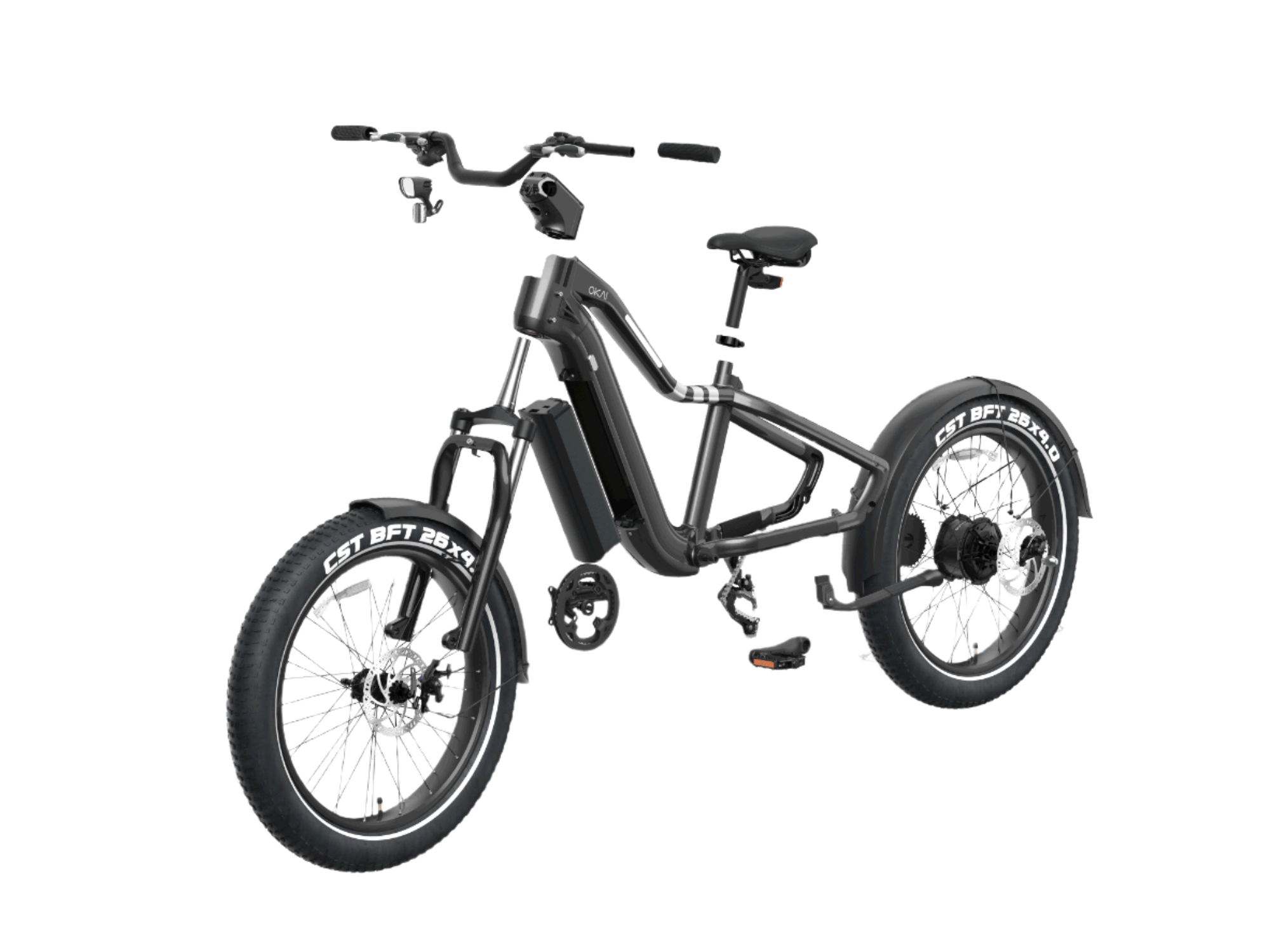 The Evolvate Pro 26" Step Over Electric Mountain Bike - Black is shown, equipped with thick tires, a step-through frame, and a BAFANG rear hub motor. It features a padded seat, front suspension fork, disc brakes, and an integrated swappable battery design mounted on the down tube. The bike also includes fenders and a handlebar-mounted display.
