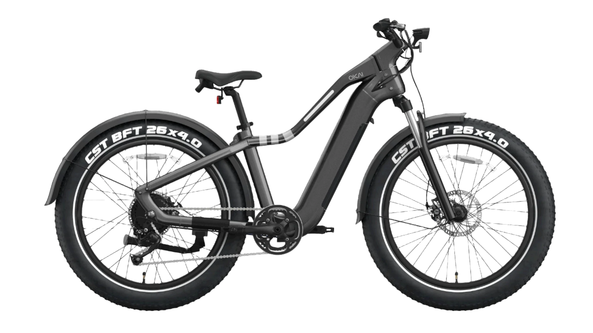 The Evolvate Pro 26" Step Over Electric Mountain Bike - Black is a sleek, black bike equipped with thick, knobby tires labeled "CST BFT 26x4.0." This versatile bike features a sturdy frame, a front suspension fork, disc brakes, an integrated swappable battery design, and a comfortable saddle, making it ideal for both off-road and urban riding.