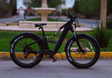 An Evolvate Pro 26" Step Over Electric Mountain Bike in black, featuring large tires, is parked on a paved path beside a grassy area and a fountain. The bike boasts a sturdy frame, customizable lighting bar, and visible battery pack. Equipped with a BAFANG rear hub motor, road markings are slightly visible in the background.
