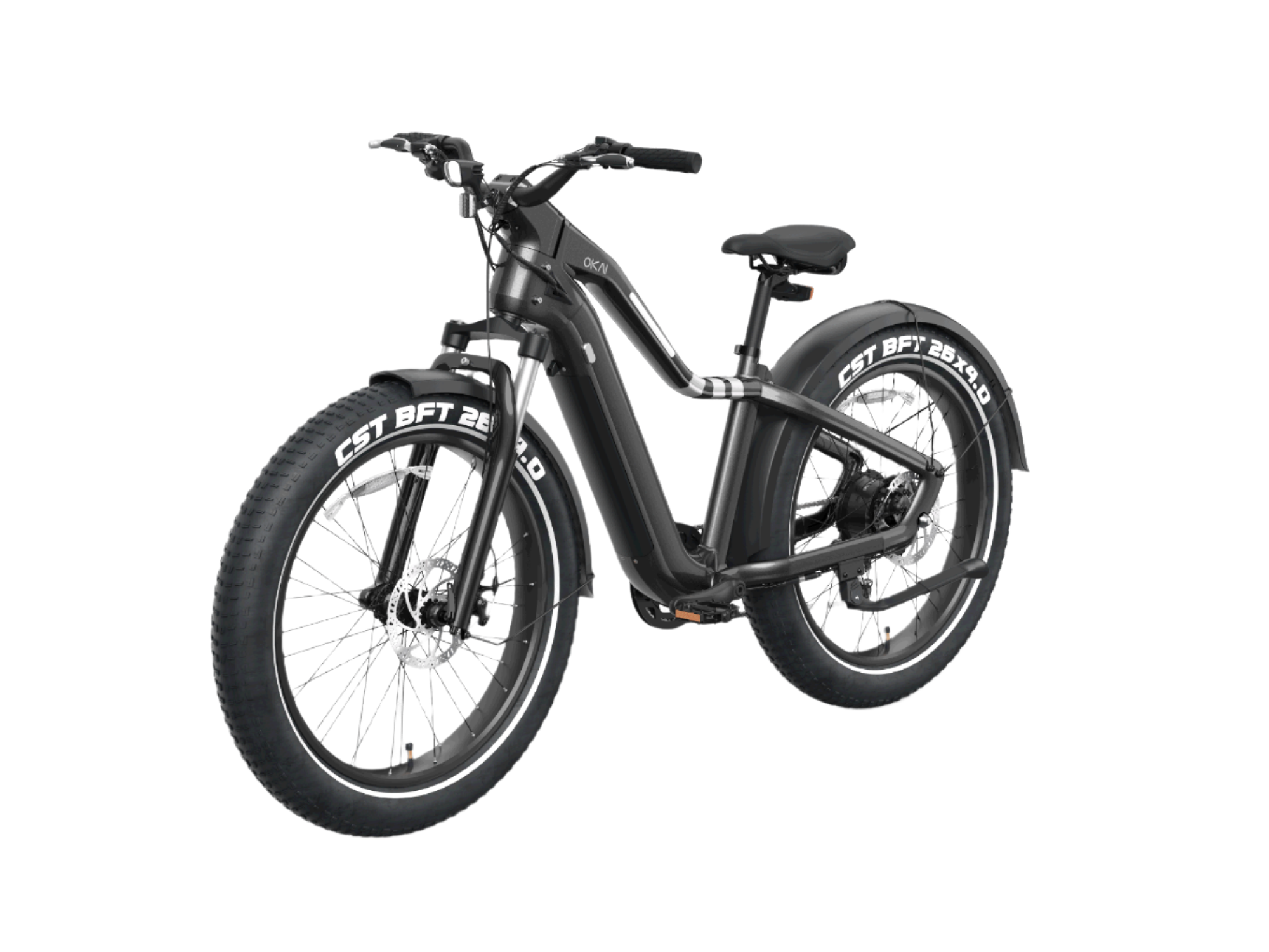 The Evolvate Pro 26" Step Over Electric Mountain Bike - Black is displayed against a white background, showcasing its robust frame, front suspension, disc brakes, and comfortable saddle. Outfitted with a BAFANG rear hub motor and a swappable battery design, this bike is ready for any adventure. Its prominent CST BFT 20 x 4.0 tires highlight their size and brand.