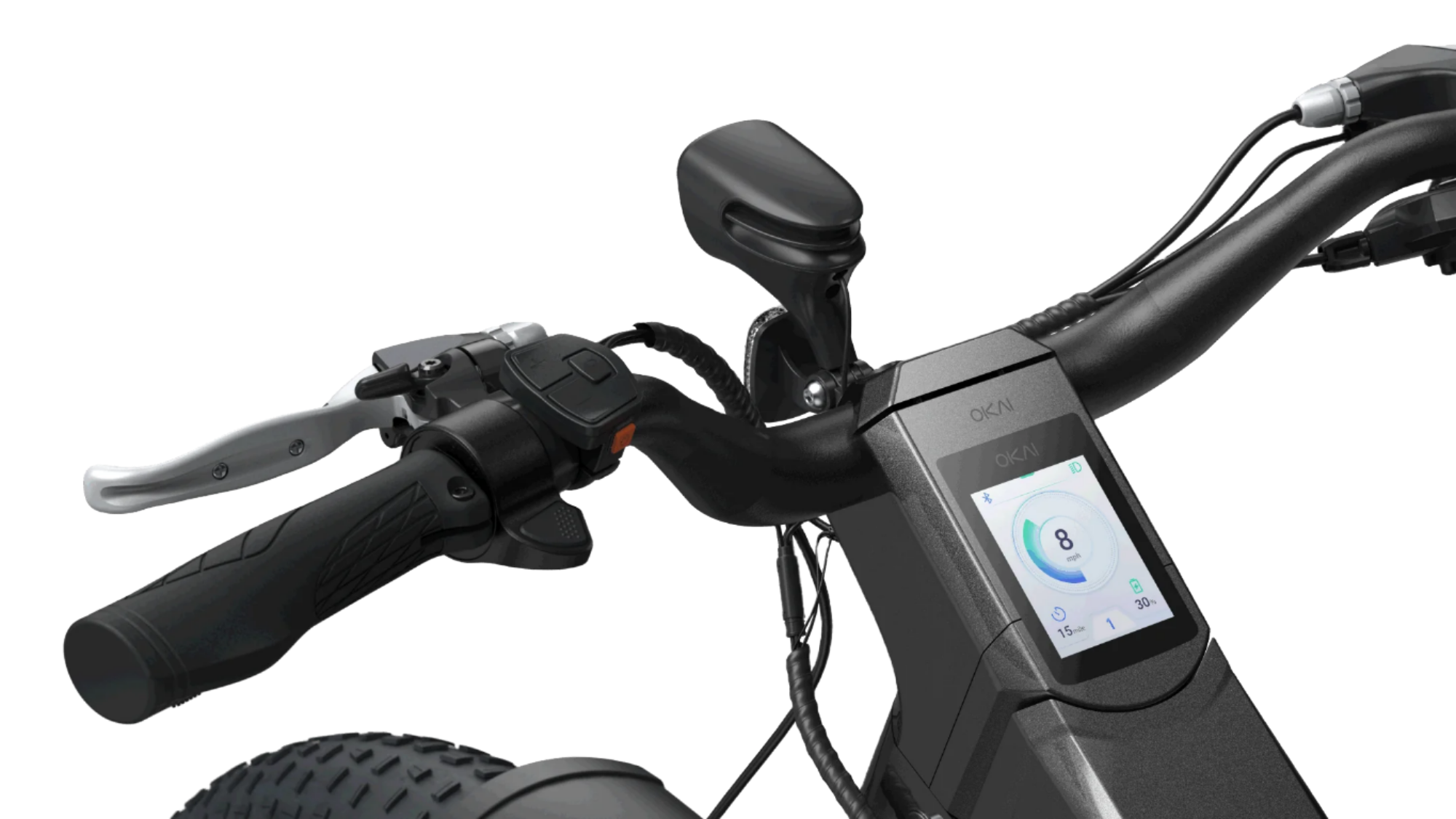 Close-up of the handlebar of the Evolvate Pro 26" Step Over Electric Mountain Bike - Black, showcasing a control screen that indicates speed and battery life, a throttle grip, brake lever, and handlebar grips. The bike is equipped with a BAFANG rear hub motor and features wide, grippy tires visible at the lower left corner of the image.