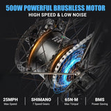 Close-up of the powerful 500W brushless motor found in the wheel of the Evolvate Pro 26" Fat Tire Electric Mountain Bike. This motor not only delivers high speed and low noise performance but is complemented by all-terrain fat tires, a maximum speed of 25MPH, Shimano 7-speed gears, a peak torque of 65N-M, and an efficient BMS power-saving system.