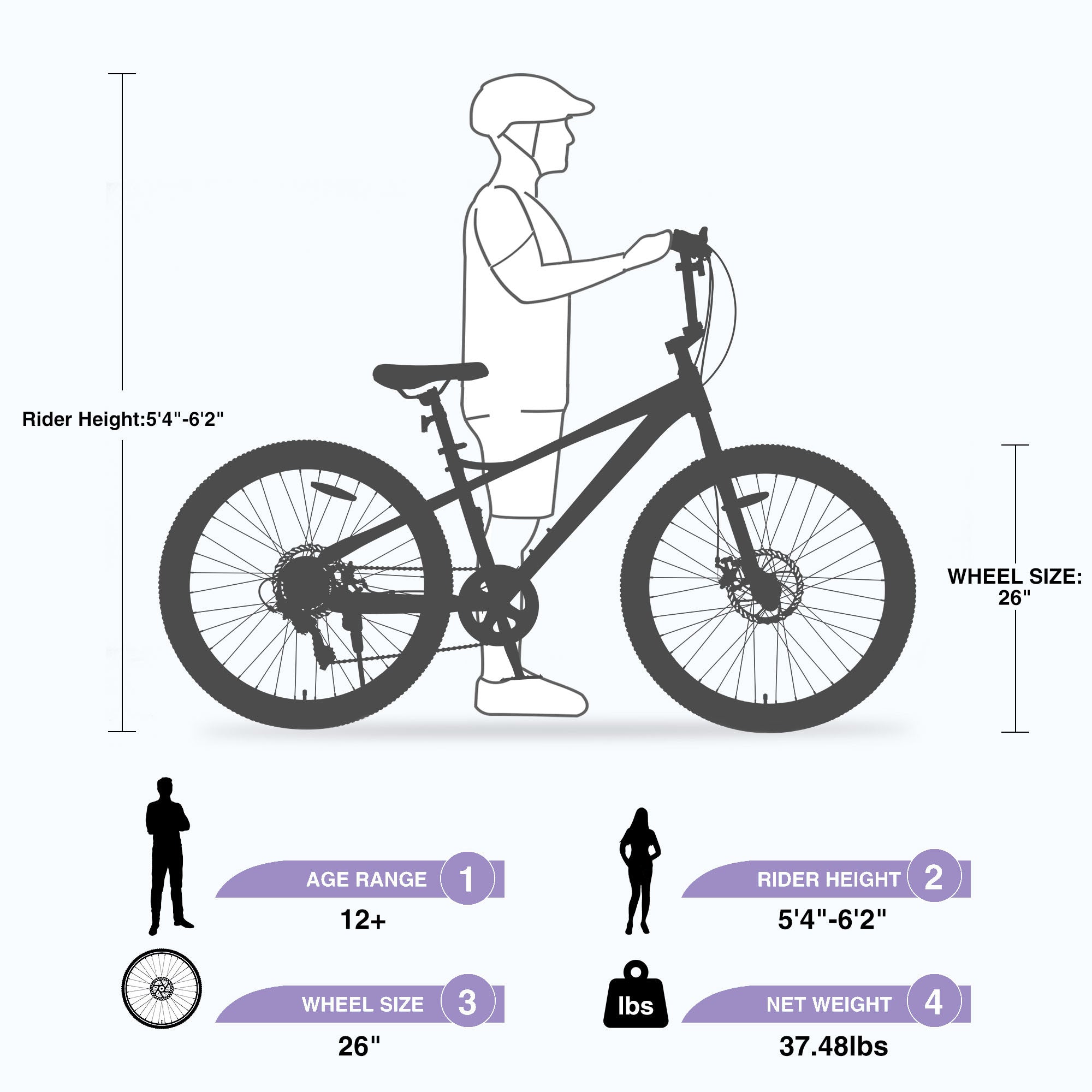 Illustration of a person standing next to an Evolvate Pro Freestyle Kids Bike with a 26-inch wheel size, suitable for riders aged 12 and up, and a height range of 5'4" to 6'2". Weighing 37.48 lbs, the bike features double disc brakes. The image includes icons and measurement labels for bike specifications.
