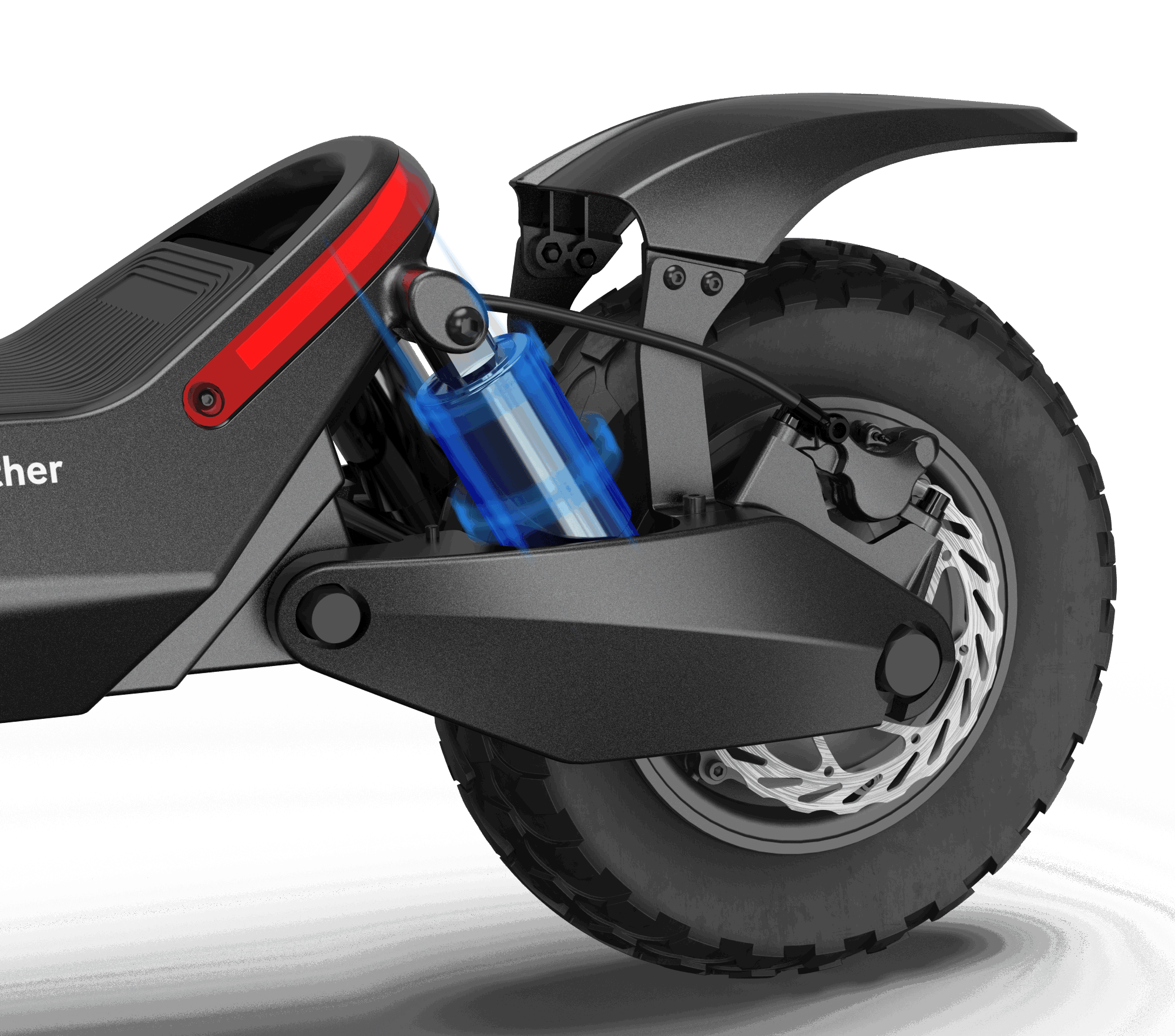 A close-up view of the rear wheel and suspension system of the Evolvate Pro Panther ES800 Super Electric Scooter. The blue suspension spring is prominently visible, and the tire features a textured tread designed for off-road use. The sleek body of the Panther ES800 sports a black and gray color scheme and is equipped with dual 3000W motors, allowing for speeds up to 37.3 MPH with a range of 31 miles.