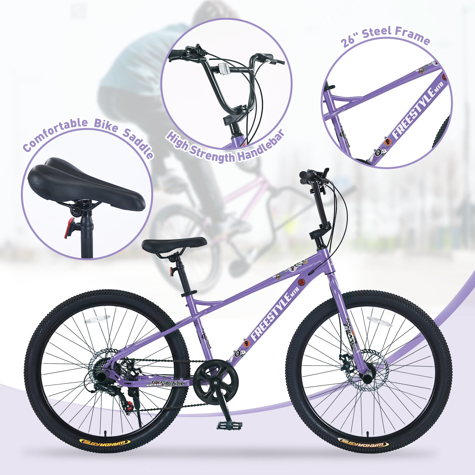 Graphic showing a purple Evolvate Pro Freestyle Kids Bike with three close-up insets highlighting features: Comfortable Bike Saddle, High Strength Handlebar, and 26-inch Steel Frame. The bike has large black tires, Shimano 7-Speed gears, and Double Disc Brakes, labeled "Freestyle Kids Bike - 26-Inch, Double Disc Brakes, Shimano 7-Speed for Boys & Girls Age 12+ - Purple" by Evolvate Pro.