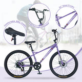 Graphic showing a purple Evolvate Pro Freestyle Kids Bike with three close-up insets highlighting features: Comfortable Bike Saddle, High Strength Handlebar, and 26-inch Steel Frame. The bike has large black tires, Shimano 7-Speed gears, and Double Disc Brakes, labeled "Freestyle Kids Bike - 26-Inch, Double Disc Brakes, Shimano 7-Speed for Boys & Girls Age 12+ - Purple" by Evolvate Pro.