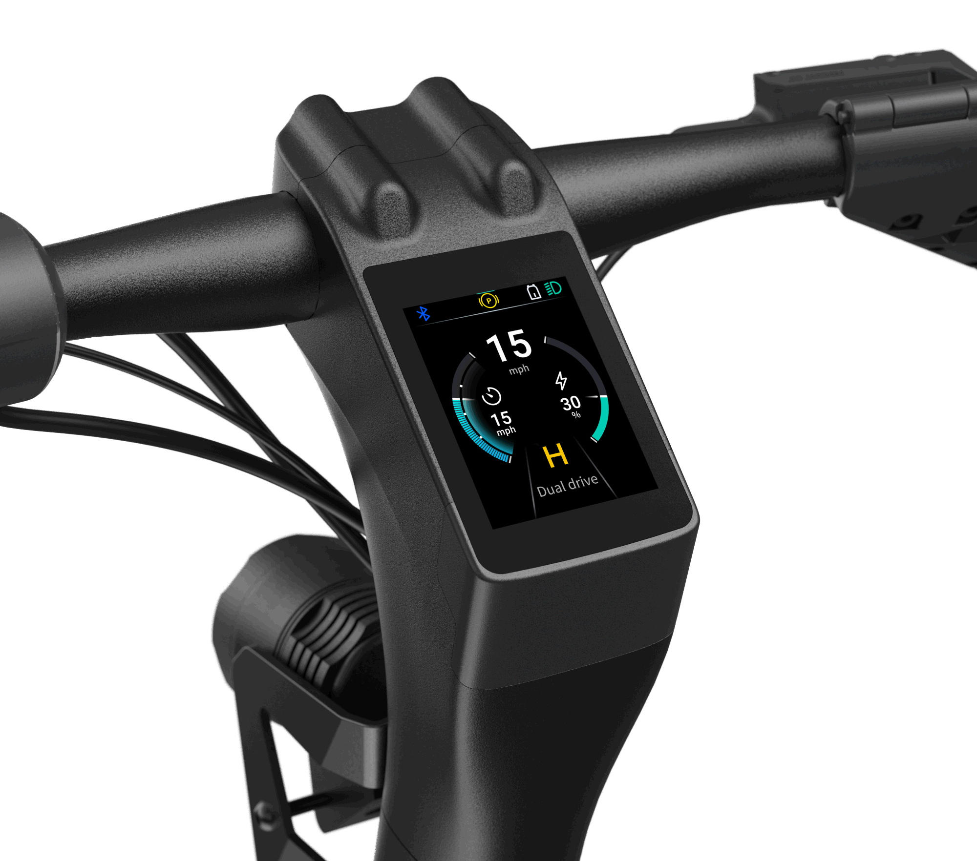 Close-up of the Panther ES800 Super Electric Scooter's handlebar, featuring an integrated digital display by Evolvate Pro. The screen shows speed (15 mph), battery level, mode (H), and Bluetooth connectivity. The sleek and modern handlebar, reminiscent of a high-end electric bike, boasts black and gray tones.