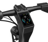 Close-up of the Panther ES800 Super Electric Scooter's handlebar, featuring an integrated digital display by Evolvate Pro. The screen shows speed (15 mph), battery level, mode (H), and Bluetooth connectivity. The sleek and modern handlebar, reminiscent of a high-end electric bike, boasts black and gray tones.
