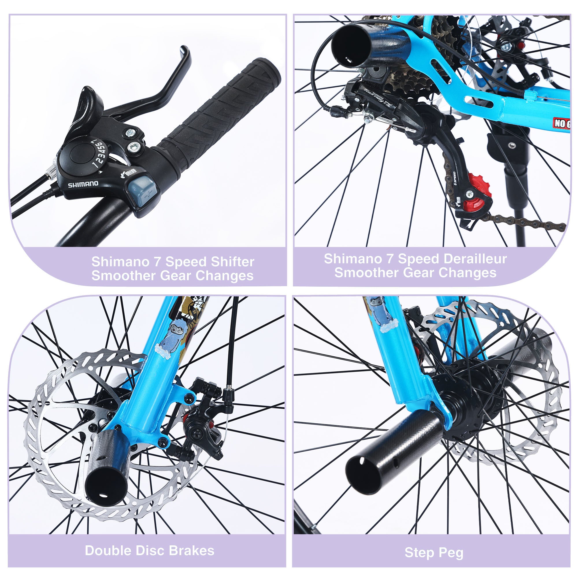 A collage of four images showcasing features of the Evolvate Pro Freestyle Kids Bike - 26-Inch, Purple: top left reveals a Shimano 7-speed shifter on the handlebar, top right presents a Shimano 7-speed derailleur, bottom left exhibits double disc brakes, and bottom right highlights a step peg.