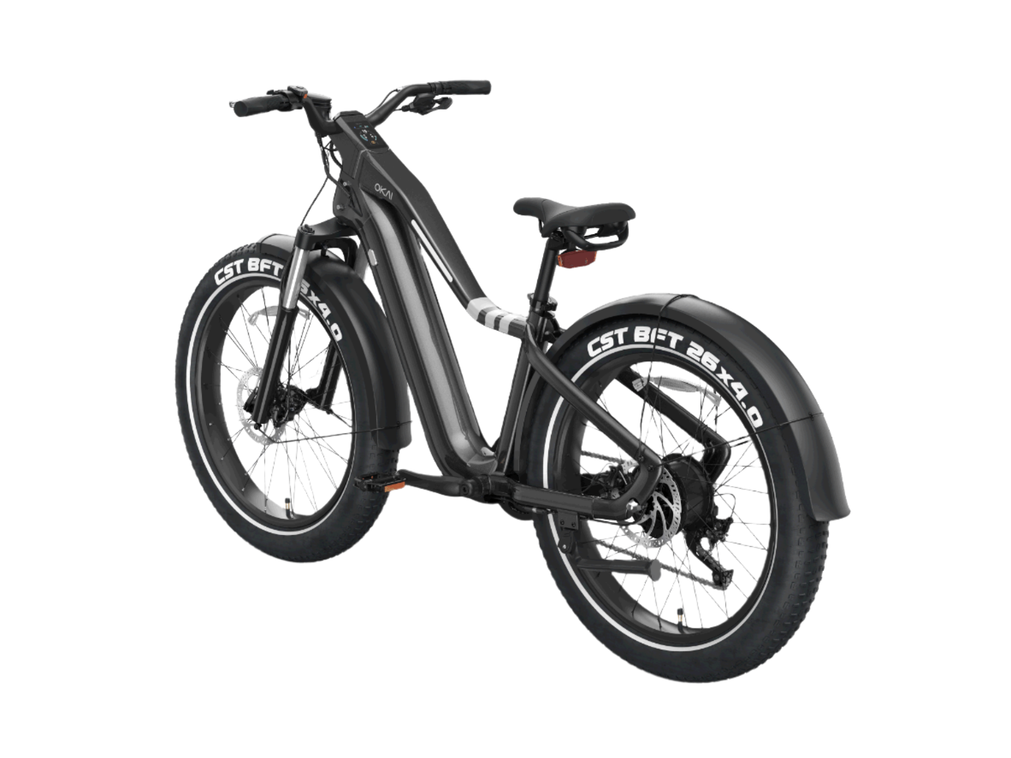 Introducing the Evolvate Pro 26" Step Over Electric Mountain Bike – Black. This sturdy electric bike features thick, rugged CST BFT 26x4.0 tires for off-road adventures. The step-through frame, front suspension fork, customizable lighting bar, and rear rack enhance its versatility and comfort. Shown from a rear angle, the bike's robust design and large tires are perfectly suited for tackling rough terrain.