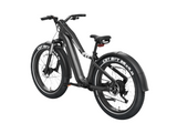 Introducing the Evolvate Pro 26" Step Over Electric Mountain Bike – Black. This sturdy electric bike features thick, rugged CST BFT 26x4.0 tires for off-road adventures. The step-through frame, front suspension fork, customizable lighting bar, and rear rack enhance its versatility and comfort. Shown from a rear angle, the bike's robust design and large tires are perfectly suited for tackling rough terrain.