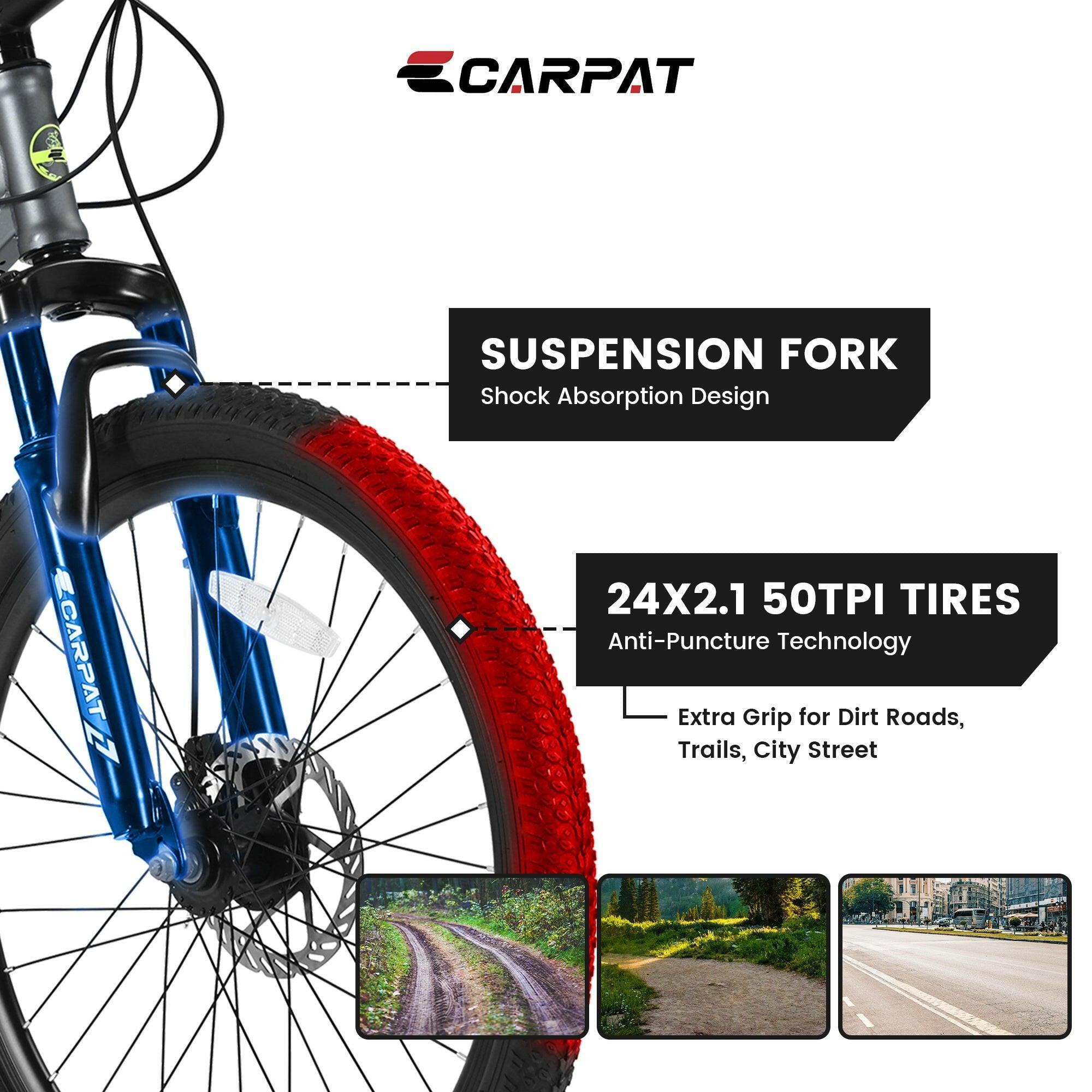 S24102 24 Inch Mountain Bike Boys Girls, Steel Frame, Shimano 21 Speed Mountain Bicycle with Daul Disc Brakes and Front Suspension MTB - Evolvate Pro
